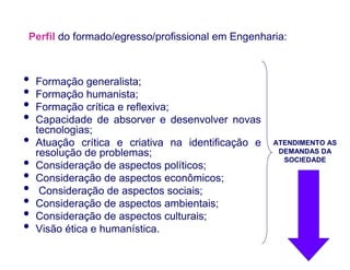 Perfil do formado/egresso/profissional em Engenharia:



•   Formação generalista;
•   Formação humanista;
•   Formação crítica e reflexiva;
•   Capacidade de absorver e desenvolver novas
    tecnologias;
•   Atuação crítica e criativa na identificação e   ATENDIMENTO AS
    resolução de problemas;                          DEMANDAS DA

•   Consideração de aspectos políticos;
                                                      SOCIEDADE

•   Consideração de aspectos econômicos;
•    Consideração de aspectos sociais;
•   Consideração de aspectos ambientais;
•   Consideração de aspectos culturais;
•   Visão ética e humanística.
                         PROFA. MSC. THAYS
                          PERASSOLI BOIKO
 