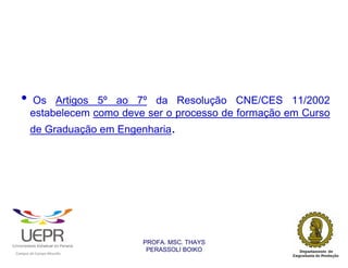 •               Os Artigos 5º ao 7º da Resolução CNE/CES 11/2002
                    estabelecem como deve ser o processo de formação em Curso
                    de Graduação em Engenharia.




                                                                PROFA. MSC. THAYS
                                                                 PERASSOLI BOIKO
                    d




                                                        ã
C




                        C




                                        M
a




    m




        p




            u




                s




                    e




                        a




                            m




                                p




                                    o




                                            o




                                                u




                                                    r




                                                            o
 