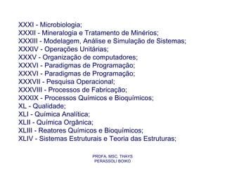 XXXI - Microbiologia;
XXXII - Mineralogia e Tratamento de Minérios;
XXXIII - Modelagem, Análise e Simulação de Sistemas;
XXXIV - Operações Unitárias;
XXXV - Organização de computadores;
XXXVI - Paradigmas de Programação;
XXXVI - Paradigmas de Programação;
XXXVII - Pesquisa Operacional;
XXXVIII - Processos de Fabricação;
XXXIX - Processos Químicos e Bioquímicos;
XL - Qualidade;
XLI - Química Analítica;
XLII - Química Orgânica;
XLIII - Reatores Químicos e Bioquímicos;
XLIV - Sistemas Estruturais e Teoria das Estruturas;

                      PROFA. MSC. THAYS
                       PERASSOLI BOIKO
 