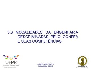 3.6 MODALIDADES DA ENGENHARIA
                     DESCRIMINADAS PELO CONFEA
                     E SUAS COMPETÊNCIAS




                                                                PROFA. MSC. THAYS
                                                                 PERASSOLI BOIKO
                    d




                                                        ã
C




                        C




                                        M
a




    m




        p




            u




                s




                    e




                        a




                            m




                                p




                                    o




                                            o




                                                u




                                                    r




                                                            o
 