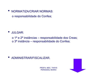 •   NORMATIZA/CRIAR NORMAS:
    o responsabilidade do Confea;




•   JULGAR:
    o 1ª e 2ª instâncias – responsabilidade dos Creas;
    o 3ª instância – responsabilidade do Confea;




•   ADMINISTRAR/FISCALIZAR.


                         PROFA. MSC. THAYS
                          PERASSOLI BOIKO
 