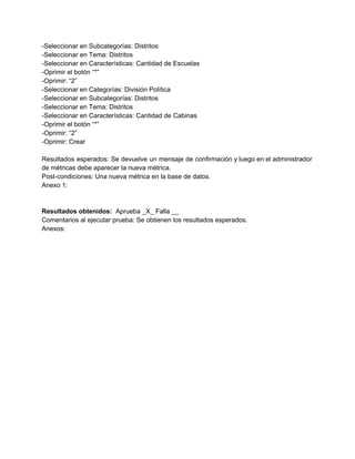 ­Seleccionar en Subcategorías: Distritos 
­Seleccionar en Tema: Distritos 
­Seleccionar en Características: Cantidad de Escuelas 
­Oprimir el botón “*” 
­Oprimir: “2” 
­Seleccionar en Categorías: División Política 
­Seleccionar en Subcategorías: Distritos 
­Seleccionar en Tema: Distritos 
­Seleccionar en Características: Cantidad de Cabinas 
­Oprimir el botón “*” 
­Oprimir: “2” 
­Oprimir: Crear 
 
Resultados esperados: Se devuelve un mensaje de confirmación y luego en el administrador                         
de métricas debe aparecer la nueva métrica. 
Post­condiciones: Una nueva métrica en la base de datos. 
Anexo 1: 
 
 
Resultados obtenidos: ​ Aprueba _X_ Falla __ 
Comentarios al ejecutar prueba: Se obtienen los resultados esperados. 
Anexos: 
 
 
 
 
 