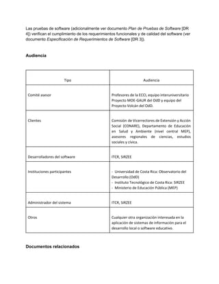 Las pruebas de software (adicionalmente ver documento ​Plan de Pruebas de Software​ [DR 
4]) verifican el cumplimiento de los requerimientos funcionales y de calidad del software (ver 
documento ​Especificación de Requerimientos de Software​ [DR 3]). 
 
 
Audiencia 
 
 
       
Tipo
       
Audiencia
       
Comité asesor 
       
Profesores de la ECCI, equipo interuniversitario
Proyecto MOE-GAUR del OdD y equipo del
Proyecto Volcán del OdD. 
       
Clientes 
       
Comisión de Vicerrectores de Extensión y Acción
Social (CONARE), Departamento de Educación
en Salud y Ambiente (nivel central MEP),
asesores regionales de ciencias, estudios
sociales y cívica.
       
Desarrolladores del software 
       
ITCR, SIRZEE 
       
Instituciones participantes 
       
- Universidad de Costa Rica: Observatorio del
Desarrollo (OdD)
- Instituto Tecnológico de Costa Rica: SIRZEE
- Ministerio de Educación Pública (MEP) 
       
Administrador del sistema 
       
ITCR, SIRZEE 
       
Otros 
       
Cualquier otra organización interesada en la
aplicación de sistemas de información para el
desarrollo local o software educativo. 
 
 
Documentos relacionados 
 
 