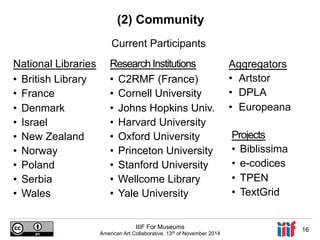 (2) Community 
IIIF For Museums 
Aggregators 
• Artstor 
• DPLA 
• Europeana 
American Art Collaborative, 13th of November 2014 16 
National Libraries 
• British Library 
• France 
• Denmark 
• Israel 
• New Zealand 
• Norway 
• Poland 
• Serbia 
• Wales 
Research Institutions 
• C2RMF (France) 
• Cornell University 
• Johns Hopkins Univ. 
• Harvard University 
• Oxford University 
• Princeton University 
• Stanford University 
• Wellcome Library 
• Yale University 
Projects 
• Biblissima 
• e-codices 
• TPEN 
• TextGrid 
Current Participants 
 