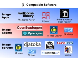 (3) Compatible Software 
FSI 
Viewer 
Wellcome 
Player 
Image 
Apps 
Image 
Clients 
h"p://groups.google.com/forum/#!forum/iiif-­‐discuss 
IIIF For Museums 
American Art Collaborative, 13th of November 2014 18 
IIP 
Image 
IIP 
Moo 
Viewer 
digilib 
FSI 
Server 
Mirador 
Internet 
Archive 
Book 
Reader 
Image 
Servers 
 