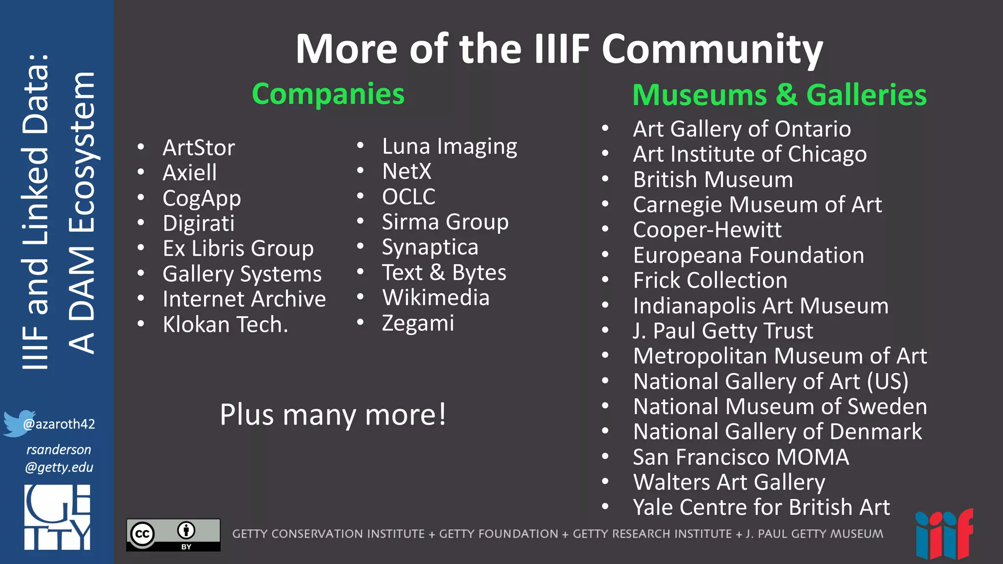 @azaroth42
rsanderson
@getty.edu
IIIF:	
  Interoperabilituy
IIIF	
  and	
  Linked	
  Data:
A	
  DAM	
  Ecosystem
@azaroth42
rsanderson
@getty.edu
More	
  of	
  the	
  IIIF	
  Community
• ArtStor
• Axiell
• CogApp
• Digirati
• Ex	
  Libris Group
• Gallery	
  Systems
• Internet	
  Archive
• Klokan Tech.
• Art	
  Gallery	
  of	
  Ontario
• Art	
  Institute	
  of	
  Chicago
• British	
  Museum
• Carnegie	
  Museum	
  of	
  Art
• Cooper-­‐Hewitt
• Europeana Foundation
• Frick	
  Collection
• Indianapolis	
  Art	
  Museum
• J.	
  Paul	
  Getty	
  Trust
• Metropolitan	
  Museum	
  of	
  Art
• National	
  Gallery	
  of	
  Art	
  (US)
• National	
  Museum	
  of	
  Sweden
• National	
  Gallery	
  of	
  Denmark
• San	
  Francisco	
  MOMA
• Walters	
  Art	
  Gallery
• Yale	
  Centre	
  for	
  British	
  Art
• Luna	
  Imaging
• NetX
• OCLC
• Sirma Group
• Synaptica
• Text	
  &	
  Bytes
• Wikimedia
• Zegami
Companies Museums	
  &	
  Galleries
Plus	
  many	
  more!
 