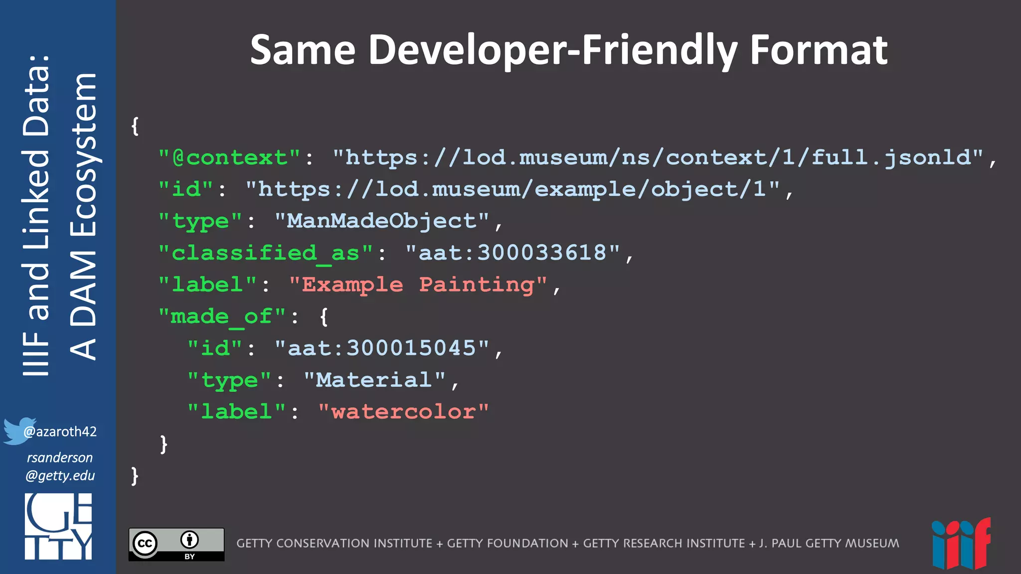 @azaroth42
rsanderson
@getty.edu
IIIF:	
  Interoperabilituy
IIIF	
  and	
  Linked	
  Data:
A	
  DAM	
  Ecosystem
@azaroth42
rsanderson
@getty.edu
Same	
  Developer-­‐Friendly	
  Format
{
"@context": "https://lod.museum/ns/context/1/full.jsonld",
"id": "https://lod.museum/example/object/1",
"type": "ManMadeObject",
"classified_as": "aat:300033618",
"label": "Example Painting",
"made_of": {
"id": "aat:300015045",
"type": "Material",
"label": "watercolor"
}
}
 