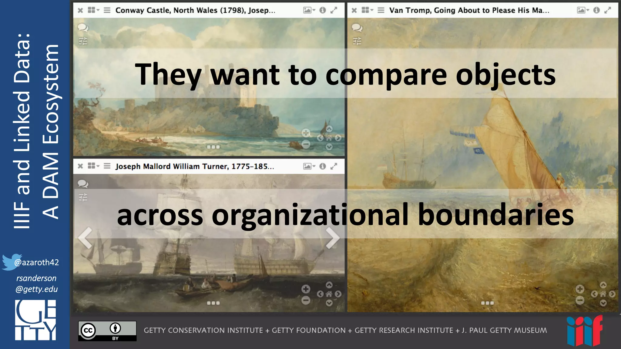 @azaroth42
rsanderson
@getty.edu
IIIF:	
  Interoperabilituy
IIIF	
  and	
  Linked	
  Data:
A	
  DAM	
  Ecosystem
@azaroth42
rsanderson
@getty.edu
I	
  want	
  to	
  
compare	
  objects
They	
  want	
  to	
  compare	
  objects
across	
  organizational	
  boundaries
 