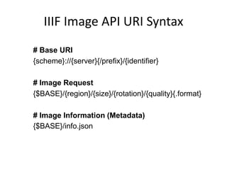 IIIF Image API URI Syntax
# Base URI
{scheme}://{server}{/prefix}/{identifier}
# Image Request
{$BASE}/{region}/{size}/{rotation}/{quality}{.format}
# Image Information (Metadata)
{$BASE}/info.json
 