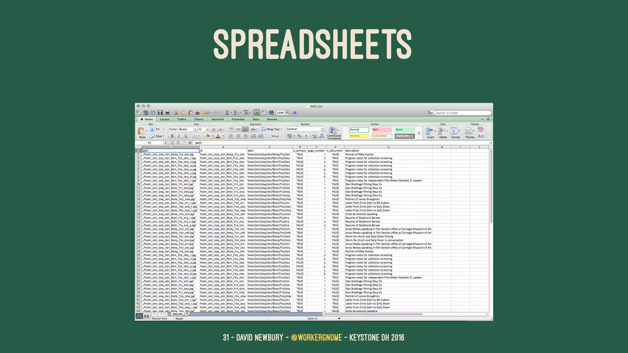 SPREADSHEETS
31 — David Newbury — @workergnome - Keystone DH 2016
 
