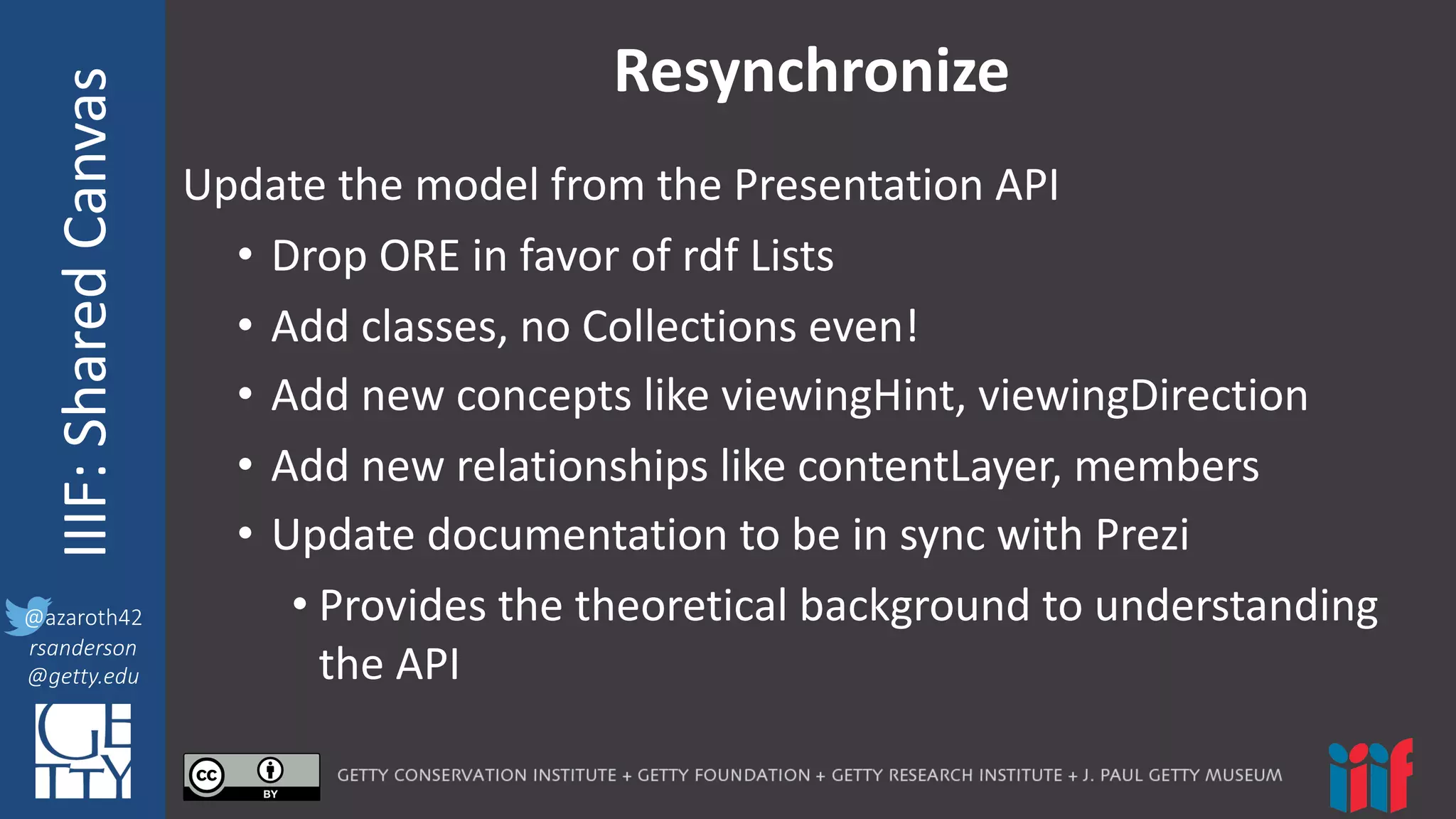 @azaroth42
rsanderson
@getty.edu
IIIF:	
  InteroperabilituyIIIF:	
  Shared	
  Canvas
@azaroth42
rsanderson
@getty.edu
Resynchronize
Update	
  the	
  model	
  from	
  the	
  Presentation	
  API
• Drop	
  ORE	
  in	
  favor	
  of	
  rdf Lists
• Add	
  classes,	
  no	
  Collections	
  even!
• Add	
  new	
  concepts	
  like	
  viewingHint,	
  viewingDirection
• Add	
  new	
  relationships	
  like	
  contentLayer,	
  members
• Update	
  documentation	
  to	
  be	
  in	
  sync	
  with	
  Prezi
• Provides	
  the	
  theoretical	
  background	
  to	
  understanding	
  
the	
  API
 