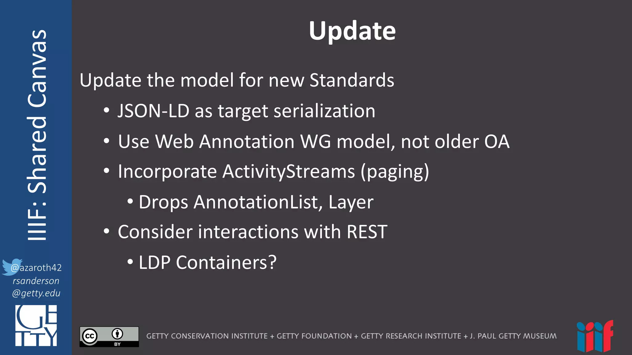 @azaroth42
rsanderson
@getty.edu
IIIF:	
  InteroperabilituyIIIF:	
  Shared	
  Canvas
@azaroth42
rsanderson
@getty.edu
Update
Update	
  the	
  model	
  for	
  new	
  Standards
• JSON-­‐LD	
  as	
  target	
  serialization
• Use	
  Web	
  Annotation	
  WG	
  model,	
  not	
  older	
  OA
• Incorporate	
  ActivityStreams (paging)
• Drops	
  AnnotationList,	
  Layer
• Consider	
  interactions	
  with	
  REST
• LDP	
  Containers?
 