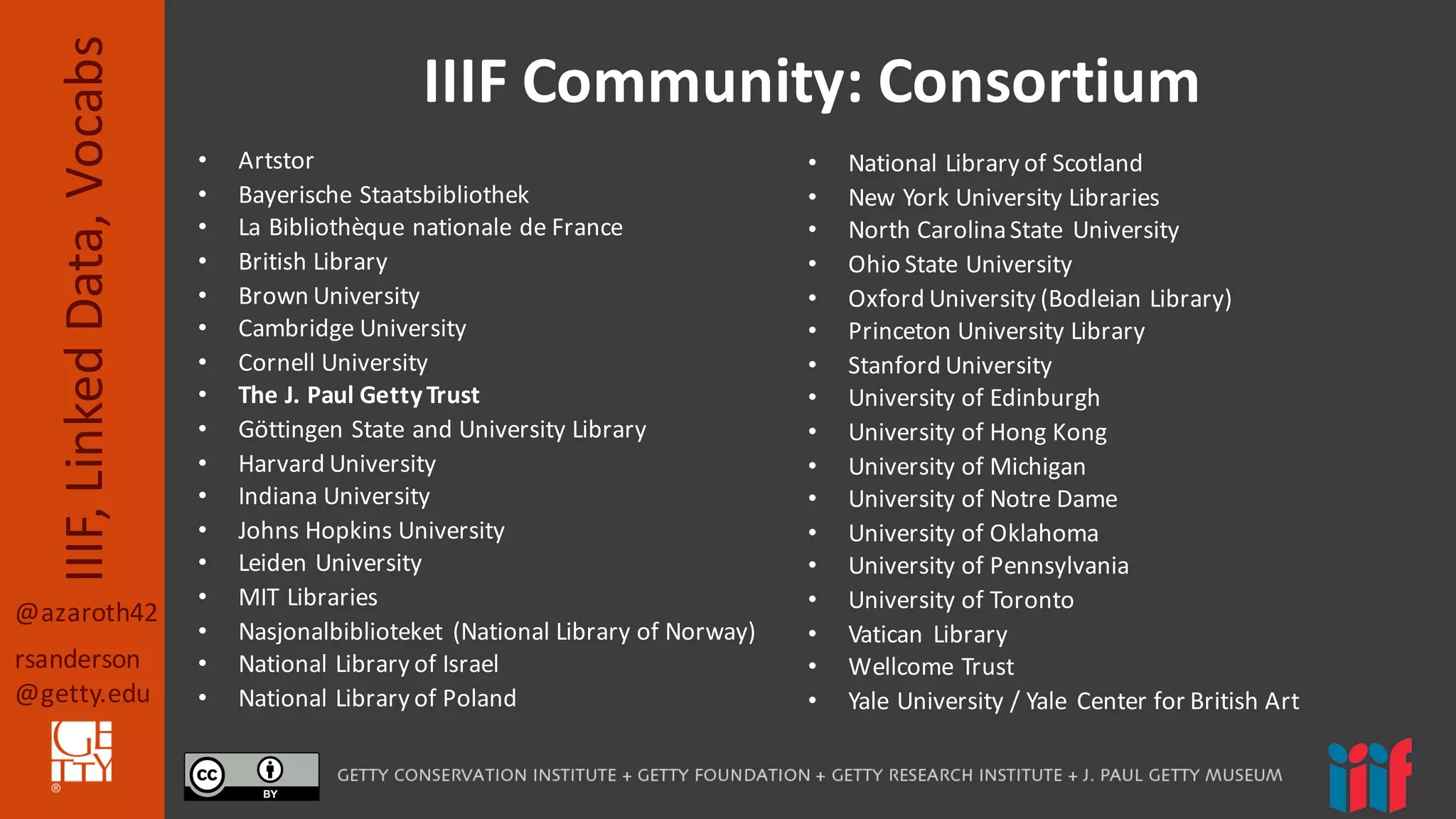 @azaroth42
rsanderson
@getty.edu
IIIF,	
  Linked	
  Data,	
  Vocabs IIIF	
  Community:	
  Consortium
• Artstor
• Bayerische Staatsbibliothek
• La	
  Bibliothèque nationale de France
• British	
  Library
• Brown	
  University
• Cambridge	
  University
• Cornell	
  University
• The	
  J.	
  Paul	
  GettyTrust
• Göttingen State and	
  University Library
• Harvard	
  University
• Indiana	
  University
• Johns	
  Hopkins University
• Leiden	
  University
• MIT	
  Libraries
• Nasjonalbiblioteket (National Library of	
  Norway)
• National	
  Library	
  of Israel
• National	
  Library	
  of Poland
• National	
  Library	
  of Scotland
• New	
  York University Libraries
• North	
  Carolina	
  State	
   University
• Ohio	
  State University
• Oxford	
  University (Bodleian Library)
• Princeton	
  University Library
• Stanford University
• University	
  of Edinburgh
• University	
  of	
  Hong Kong
• University	
  of	
  Michigan
• University	
  of	
  Notre Dame
• University	
  of	
  Oklahoma
• University	
  of Pennsylvania
• University	
  of Toronto
• Vatican	
   Library
• Wellcome Trust
• Yale	
  University	
  / Yale	
   Center for British	
  Art
 