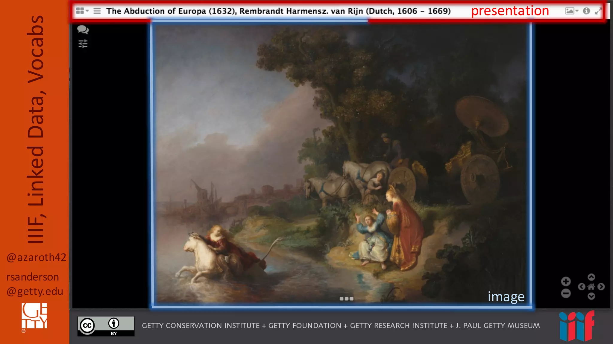 @azaroth42
rsanderson
@getty.edu
IIIF,	
  Linked	
  Data,	
  Vocabs
presentation
image
 
