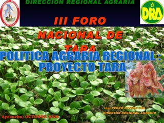 GOBIERNO REGIONAL AYACUCHO DIRECCION REGIONAL AGRARIA III FORO NACIONAL DE TARA Ing. PEDRO RIVERA CEA DIRECTOR REGIONAL AGRARIO Ayacucho, OCTUBRE 2008.   POLITICA AGRARIA REGIONAL : PROYECTO TARA 
