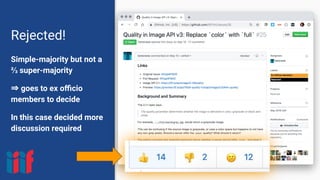 Rejected!
Simple-majority but not a
⅔ super-majority
⇒ goes to ex oﬃcio
members to decide
In this case decided more
discussion required
 