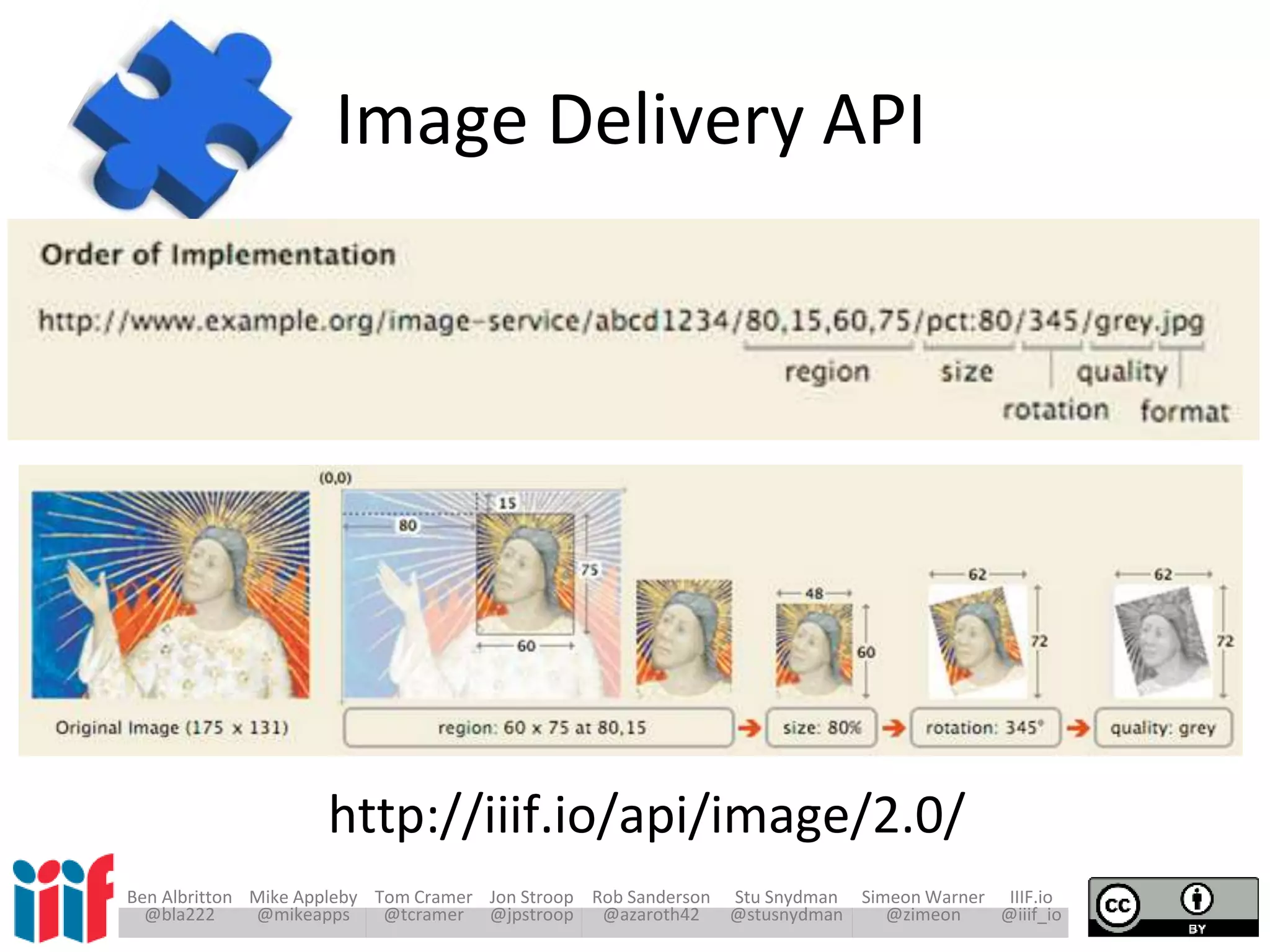 Ben Albritton Mike Appleby Tom Cramer Jon Stroop Rob Sanderson Stu Snydman Simeon Warner IIIF.io
@bla222 @mikeapps @tcramer @jpstroop @azaroth42 @stusnydman @zimeon @iiif_io
Image Delivery API
http://iiif.io/api/image/2.0/
 