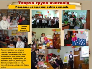 Творча група вчителів
Проведення творчих звітів вчителів
Творчий звіт вчителя готує ме-
тодична рада школи разом із
творчою групою вчителів. Вони
розробляють план проведення
творчого звіту, готують учнів до
привітань вчителя, запрошу-ють
батьків, випускників, гос-тей,
вчителів округу, методис-тів відділу
освіти.
Творча
група
вчителів
 