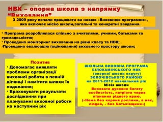НВК – опорна школа з напрямку
“Виховання”
З 2009 року почали працювати за новою «Виховною програмою»,
яка включає місію школи,загальні та конкретні завдання.
• Програма розроблялася спільно з вчителями, учнями, батьками та
громадськістю;
• Проведено моніторинг виховання на рівні класу та НВК;
•Проведено евалюацію (оцінювання) виховного простору школи;
Позитив
• Допомагає виявляти
проблеми організації
виховної роботи в певній
ділянці і намітити шляхи їх
подолання;
• Враховувати результати
дослідження при
плануванні виховної роботи
на наступний рік
ШКІЛЬНА ВИХОВНА ПРОГРАМА
БІЛОКАМІНСЬКОГО НВК
(опорної школи округу)
ЗОЛОЧІВСЬКОГО РАЙОНУ
на 2011-2012 навчальний рік
Місія школи
Виховати духовно багату
особистість, патріота через
пізнання рідного краю.
(«Нема без кореня рослини, а нас,
людей, - без Батьківщини»)
 