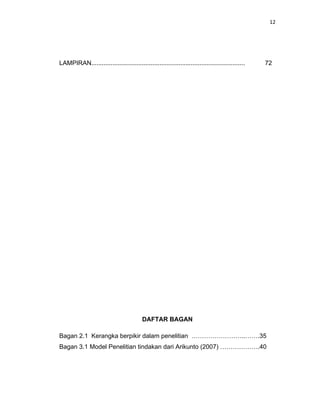 12
LAMPIRAN........................................................................................ 72
DAFTAR BAGAN
Bagan 2.1 Kerangka berpikir dalam penelitian ……………………..…….35
Bagan 3.1 Model Penelitian tindakan dari Arikunto (2007) ……………….40
 