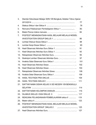 15
3. Standar Ketuntasan Belajar SDN 109 Bengkulu Selatan Tahun Ajaran
2013/2014 .................................................................................. 77
4. Silabus Siklus I dan Siklus II ........................................................ 78
5. Rencana Pelaksanaan Pembelajaran Siklus 1 .......................... 80
6. Materi Panca indera manusia ……………………………………….. 84
7. POSTEST MENINGKATKAN HASIL BELAJAR MELALUI MODEL
INVESTIGATION GROUP SIKLUS 1 ..... .................................... 86
8. Lembar Diskusi Siswa Siklus I .................................................... 88
9. Lembar Kerja Siswa Siklus I ....................................................... 90
10. Hasil Observasi Aktivitas Guru Siklus 1 …………………………… 91
11. Hasil Observasi Aktivitas Guru Siklus 1 …………………………… 93
12. Rekapitulasi Observasi Aktivitas Guru …………………………….. 95
13. Deskripsi Lembar Observasi Aktivitas Guru ………………………. 97
14. Analisis Data Observasi Guru Siklus I ……………………………... 101
15. Hasil Observasi Aktivitas Siswa …………………………………….. 102
16. Hasil Observasi Aktivitas Siswa …………………………………….. 104
17. Rekapitulasi Observasi Aktivitas Siswa ………………………….. 106
18. Analisis Data Observasi Guru Siklus I …………………………… 108
19. HASIL TES PADA PRA SIKLUS ……………………………….… 109
20. HASIL TES PADA SIKLUS I ……………………………………….. 111
21. DAFTAR NAMA SISWA KELAS VI SD NEGERI 109 BENGKULU
SELATAN ...................................................................................... 114
22. DAFTAR NAMA KELOMPOK DISKUSI ......................................... 116
23. SILABUS SIKLUS I DAN SIKLUS II ...................................... 117
24. RENCANA PELAKSANAAN PEMBELAJARAN siklus II ............. 119
25. Materi siklus II ................................................................................ 123
26. POSTEST MENINGKATKAN HASIL BELAJAR MELALUI MODEL
INVESTIGATION GROUP SIKLUS 2 ....................................... 125
27. Hasil Observasi Aktivitas Guru …………………………………..….. 127
 
