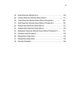 16
28. Hasil Observasi Aktivitas Guru …………………………………..….. 129
29. Lembar Observasi Aktivitas Siswa Siklus II ………………….……..…131
30. Hasil Observasi Aktivitas Siswa Siklus II Pengamat I ……….... 133
31. Hasil Observasi Aktivitas Siswa Silklus II Pengamat II ……….... 135
32. Analisis Data Observasi Siswa Siklus II ……………………………. 137
33. Analisis Data Observasi Siswa Siklus II ……………………………. 139
34. Rekapitulsi Observasi Aktivitas Siswa Silklus II Pengamat II .... 141
35. Perolehan hasil tes siklus II …………………………………………. 143
36. Rekapitulasi setiap siklus …………………………………………….. 144
37. Rekapitulasi setiap siklus …………………………………………….. 146
38. Foto-foto Penelitian ……………………………………………….……. 148
 
