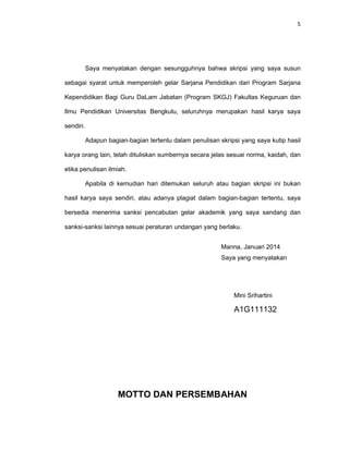 5
Saya menyatakan dengan sesungguhnya bahwa skripsi yang saya susun
sebagai syarat untuk memperoleh gelar Sarjana Pendidikan dari Program Sarjana
Kependidikan Bagi Guru DaLam Jabatan (Program SKGJ) Fakultas Keguruan dan
Ilmu Pendidikan Universitas Bengkulu, seluruhnya merupakan hasil karya saya
sendiri.
Adapun bagian-bagian tertentu dalam penulisan skripsi yang saya kutip hasil
karya orang lain, telah dituliskan sumbernya secara jelas sesuai norma, kaidah, dan
etika penulisan ilmiah.
Apabila di kemudian hari ditemukan seluruh atau bagian skripsi ini bukan
hasil karya saya sendiri, atau adanya plagiat dalam bagian-bagian tertentu, saya
bersedia menerima sanksi pencabutan gelar akademik yang saya sandang dan
sanksi-sanksi lainnya sesuai peraturan undangan yang berlaku.
Manna, Januari 2014
Saya yang menyatakan
Mini Srihartini
A1G111132
MOTTO DAN PERSEMBAHAN
 