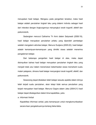 33
merupakan hasil belajar. Mengacu pada pengertian tersebut, maka hasil
belajar adalah perubahan tingkah laku yang dialami individu sebagai hasil
dari interaksi dengan lingkungannya menyangkut ranah kognitif, afektif dan
psikomotorik.
Sedangkan menurut Catharina Tri Anni dalam Setyowati (2006:19),
hasil belajar merupakan perubahan prilaku yang diperoleh pembelajar
setelah mengalami aktivitas belajar. Menurut Sudjana (2005:22), hasil belajar
adalah kemampuan-kemampuan yang dimiliki siswa setelah menerima
pengalaman belajar.
Dari beberapa pengertian hasil belajar di atas, maka dapat
disimpulkan bahwa hasil belajar merupakan perubahan tingkah laku yang
menjadi tolak ukur dalam menentukan keberhasilan siswa memahami suatu
materi pelajaran, dimana hasil belajar menyangkut ranah kognitif, afektif, dan
psikomotorik.
Seseorang dapat dikatakan telah belajar sesuatu apabila dalam dirinya
telah terjadi suatu perubahan, akan tetapi tidak semua perubahan yang
terjadi merupakan hasil belajar. Menurut Gagne dalam Jaka (2004:21) hasil
belajar dapat dikategorikan dalam lima kapabilitas, yaitu:
a. Informasi Verbal
Kapabilitas informasi verbal, yaitu kemampuan untuk mengkomunikasikan
secara lisan pengetahuannya tentang fakta-fakta.
 