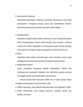 34
b. Keterampilan Intelektual
Kapabilitas keterampilan intelektual merupakan kemampuan untuk dapat
membedakan, menguasai konsep, aturan dan memecahkan masalah.
Kemampuan-kemampuan tersebut diperoleh melalui belajar
c. Strategi Kognitif
Kapabilitas strategi kognitif adalah kemampuan untuk mengkoordinasikan
serta mengembangkan proses berfikir dengan cara merekam, membuat
analisa dan sintesis. Kapabilitas ini terorganisasi secara internal sehingga
memungkinkan perhatian, belajar mengingat dan berfikir anak terarah
d. Sikap
Kapabilitas sikap adalah kecenderungan untuk merespon secara tepat
terhadap stimulus atas dasar penilaian terhadap stimulus tersebut.
e. Keterampilan Motorik
Untuk mengetahui seseorang memiliki keterampilan motorik bisa
melihatnya dari kecepatan, ketepatan dan kelancaran gerakan otot-otot
dan anggota badan yang diperlihatkan orang tersebut.
Menurut Syaiful Bahri Djamarah (2008:175), di dalam proses belajar
mengajar ikut berpengaruh sejumlah faktor, yaitu:
a. Faktor Lingkungan, yang meliputi lingkungan alami dan lingkungan sosial.
b. Faktor Instrumental, yang meliputi kurikulum, program, sarana dan
fasilitas, serta guru.
 