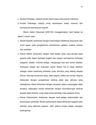 35
c. Kondisi Fisiologis, meliputi kondisi tubuh siswa serta panca inderanya.
d. Kondisi Psikologis, meliputi minat, kecerdasan, bakat, motivasi, dan
kemampuan-kemampuan kognitif.
Bloom dalam Setyowati (2007:22) menggolongkan hasil belajar ke
dalam 3 ranah, yaitu:
a. Ranah Kognitif, berkenaan dengan hasil belajar intelektual yang terdiri dari
enam aspek, yakni pengetahuan, pemahaman, aplikasi, analisis, sintesis
dan penilaian.
b. Ranah Afektif, berkenaan dengan hasil belajar sikap yang tampak pada
peserta didik dalam berbagai tingkah laku seperti perhatiannya terhadap
pelajaran, disiplin, motivasi belajar, menghargai tutor dan teman sekelas,
kebiasaan belajar dan hubungan sosial. Dalam hal ini sikap diartikan
sebagai reaksi seseorang terhadap suatu stimulus yang datang kepada
dirinya. Ada tiga komponen sikap, yakni kognisi, afeksi dan konasi. Kognisi
berkenaan dengan pengetahuan tentang objek atau stimulus yang
dihadapinya, afeksi berkenaan dengan perasaan dalam menanggapi objek
tersebut, sedangkan konasi berkenaan dengan kecenderungan berbuat
kepada objek tertentu, misal sikap siswa terhadap mata pelajaran kimia.
c. Ranah Psikomotorik, berkenaan dengan hasil belajar keterampilan dan
kemampuan bertindak. Ranah psikomotoris dapat dilihat dari kegiatan atau
aktivitas yang dilakukan peserta didik selama proses belajar mengajar
berlangsung.
 