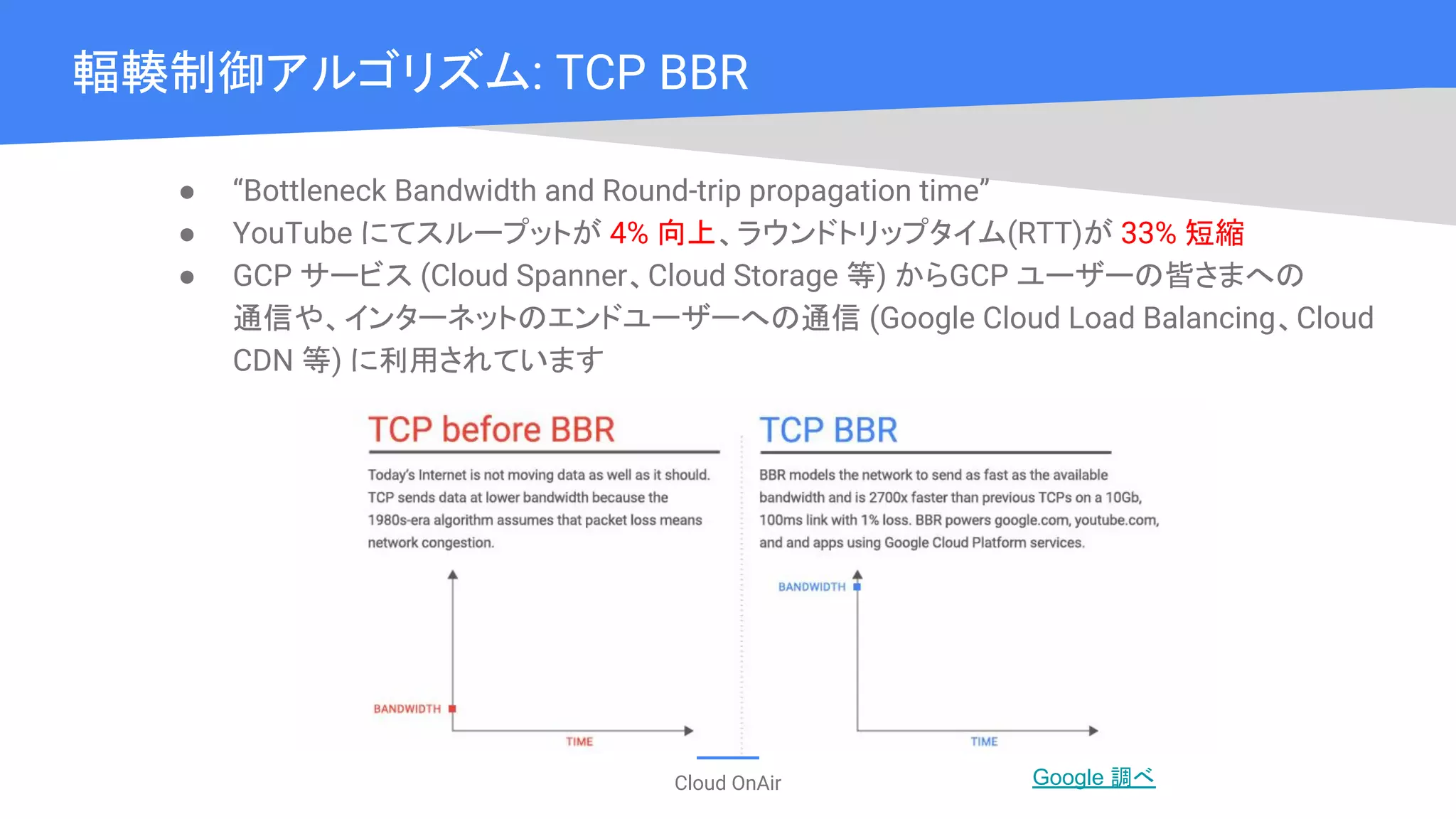Cloud OnAir
輻輳制御アルゴリズム: TCP BBR
● “Bottleneck Bandwidth and Round-trip propagation time”
● YouTube にてスループットが 4% 向上、ラウンドトリップタイム(RTT)が 33% 短縮
● GCP サービス (Cloud Spanner、Cloud Storage 等) からGCP ユーザーの皆さまへの
通信や、インターネットのエンドユーザーへの通信 (Google Cloud Load Balancing、Cloud
CDN 等) に利用されています
Google 調べ
 