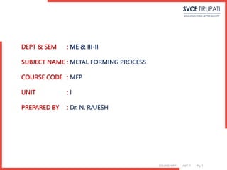 DEPT & SEM : ME & III-II
SUBJECT NAME : METAL FORMING PROCESS
COURSE CODE : MFP
UNIT : I
PREPARED BY : Dr. N. RAJESH
COURSE: MFP UNIT: 1 Pg. 1
 