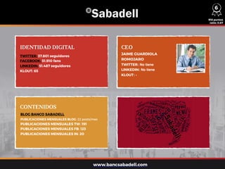 IDENTIDAD DIGITAL CEO
CONTENIDOS
TWITTER: 37.801 seguidores
FACEBOOK: 51.910 fans
LINKEDIN: 51.487 seguidores
KLOUT: 65
BLOG BANCO SABADELL
PUBLICACIONES MENSUALES BLOG: 22 posts/mes
PUBLICACIONES MENSUALES TW: 191
PUBLICACIONES MENSUALES FB: 123
PUBLICACIONES MENSUALES IN: 20
JAIME GUARDIOLA
ROMOJARO
TWITTER: No tiene
LINKEDIN: No tiene
KLOUT: -
918 puntos
ratio: 0,67
www.bancsabadell.com
6
 