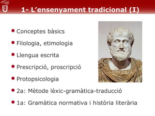 1- L’ensenyament tradicional (I)


• Conceptes bàsics
• Filologia, etimologia
• Llengua escrita
• Prescripció, proscripció
• Protopsicologia
• 2a: Mètode lèxic-gramàtica-traducció
• 1a: Gramàtica normativa i història literària
 