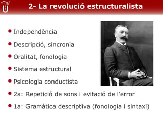 2- La revolució estructuralista


• Independència
• Descripció, sincronia
• Oralitat, fonologia
• Sistema estructural
• Psicologia conductista
• 2a: Repetició de sons i evitació de l’error
• 1a: Gramàtica descriptiva (fonologia i sintaxi)
 