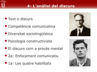 4- L’anàlisi del discurs


• Text o discurs
• Competència comunicativa
• Diversitat sociolingüística
• Psicologia constructivista
• El discurs com a procés mental
• 2a: Enfocament comunicatiu
• 1a: Les quatre habilitats
 