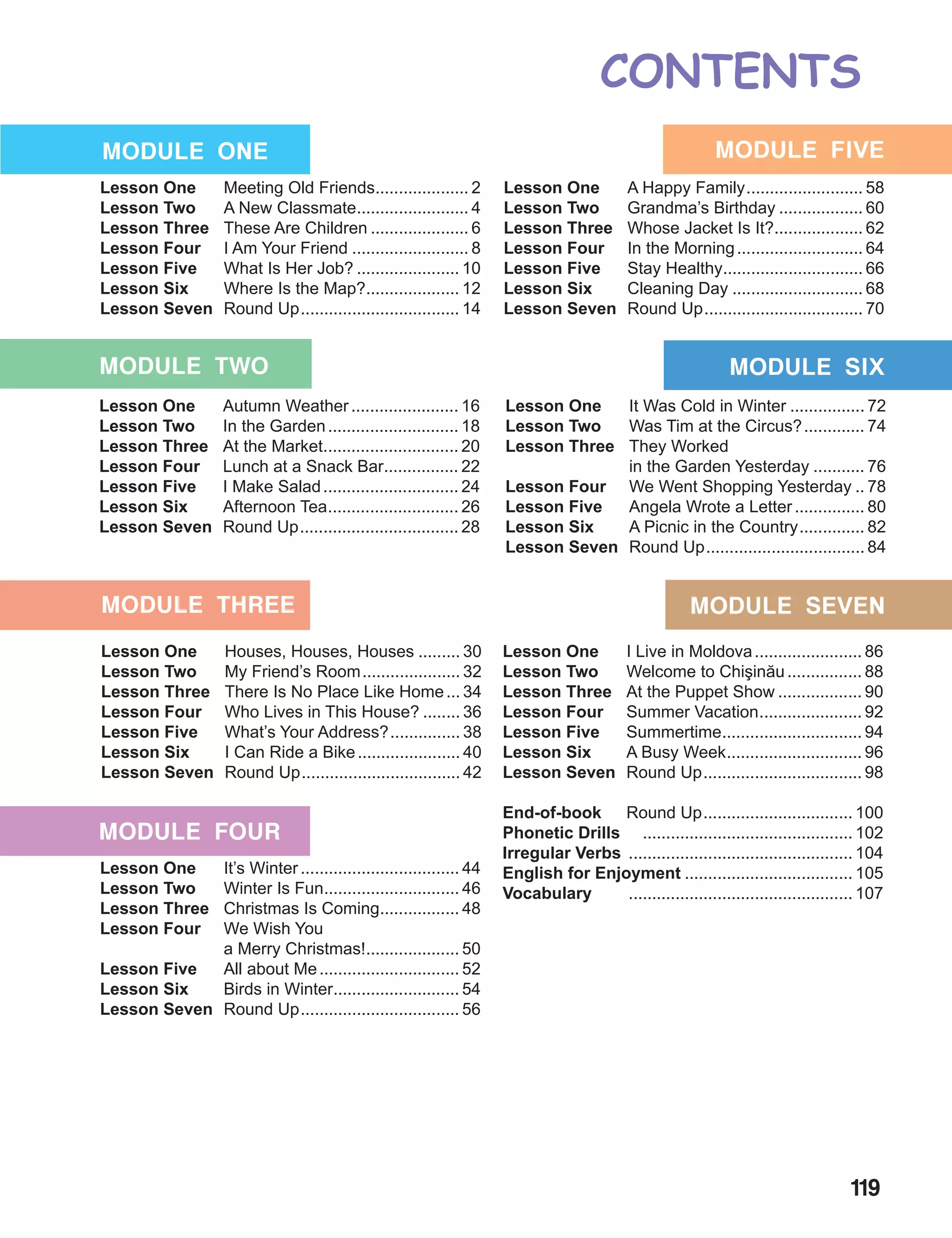 119
CONTENTS
MODULE ONE
MODULE TWO
MODULE THREE
MODULE FOUR
Lesson One	 Meeting Old Friends..................... 2
Lesson Two 	 A New Classmate......................... 4
Lesson Three 	 These Are Children...................... 6
Lesson Four 	 I Am Your Friend.......................... 8
Lesson Five 	 What Is Her Job?....................... 10
Lesson Six 	 Where Is the Map?..................... 12
Lesson Seven	 Round Up................................... 14
Lesson One	 Autumn Weather........................ 16
Lesson Two	 In the Garden............................. 18
Lesson Three	 At the Market.............................. 20
Lesson Four	 Lunch at a Snack Bar................. 22
Lesson Five	 I Make Salad.............................. 24
Lesson Six	 Afternoon Tea............................. 26
Lesson Seven	 Round Up................................... 28
Lesson One 	 Houses, Houses, Houses.......... 30
Lesson Two 	 My Friend’s Room...................... 32
Lesson Three 	 There Is No Place Like Home.... 34
Lesson Four 	 Who Lives in This House?......... 36
Lesson Five 	 What’s Your Address?................ 38
Lesson Six 	 I Can Ride a Bike....................... 40
Lesson Seven 	Round Up................................... 42
Lesson One 	 It’s Winter................................... 44
Lesson Two 	 Winter Is Fun.............................. 46
Lesson Three 	 Christmas Is Coming.................. 48
Lesson Four 	 We Wish You
		 a Merry Christmas!..................... 50
Lesson Five 	 All about Me............................... 52
Lesson Six 	 Birds in Winter............................ 54
Lesson Seven 	Round Up................................... 56
MODULE FIVE
MODULE SIX
MODULE SEVEN
Lesson One	 A Happy Family.......................... 58
Lesson Two	 Grandma’s Birthday................... 60
Lesson Three	 Whose Jacket Is It?.................... 62
Lesson Four 	 In the Morning............................ 64
Lesson Five 	 Stay Healthy............................... 66
Lesson Six 	 Cleaning Day............................. 68
Lesson Seven 	Round Up................................... 70
Lesson One	 It Was Cold in Winter................. 72
Lesson Two	 Was Tim at the Circus?.............. 74
Lesson Three	 They Worked
		 in the Garden Yesterday............ 76
Lesson Four	 We Went Shopping Yesterday... 78
Lesson Five	 Angela Wrote a Letter................ 80
Lesson Six	 A Picnic in the Country............... 82
Lesson Seven	 Round Up................................... 84
Lesson One 	 I Live in Moldova........................ 86
Lesson Two 	 Welcome to Chişinău................. 88
Lesson Three 	 At the Puppet Show................... 90
Lesson Four 	 Summer Vacation....................... 92
Lesson Five 	Summertime............................... 94
Lesson Six 	 A Busy Week.............................. 96
Lesson Seven 	Round Up................................... 98
End-of-book	 Round Up................................. 100
Phonetic Drills .............................................. 102
Irregular Verbs	................................................. 104
English for Enjoyment..................................... 105
Vocabulary	 ................................................. 107
 