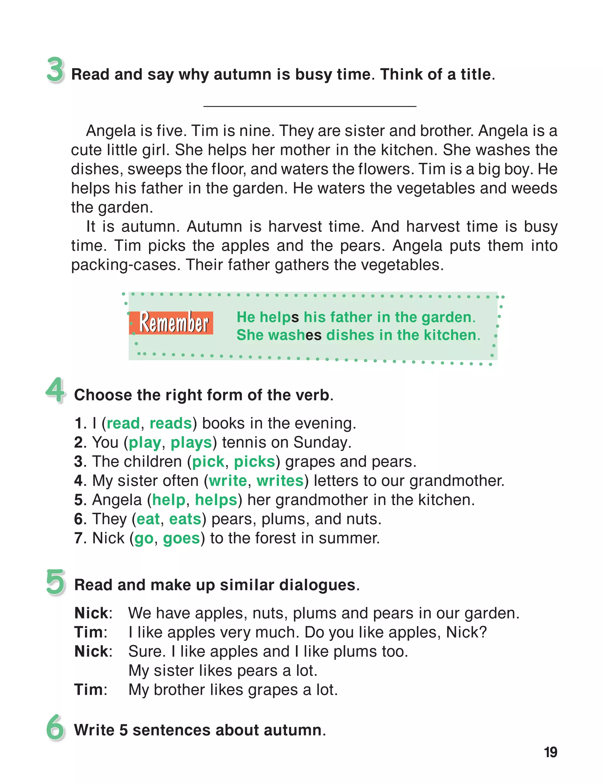 19
Read and say why autumn is busy time. Think of a title.
_____________________________
Angela is five. Tim is nine. They are sister and brother. Angela is a
cute little girl. She helps her mother in the kitchen. She washes the
dishes, sweeps the floor, and waters the flowers. Tim is a big boy. He
helps his father in the garden. He waters the vegetables and weeds
the garden.
It is autumn. Autumn is harvest time. And harvest time is busy
time. Tim picks the apples and the pears. Angela puts them into
packing-cases. Their father gathers the vegetables.
3
Read and make up similar dialogues.
Nick:	 We have apples, nuts, plums and pears in our garden.
Tim:	 I like apples very much. Do you like apples, Nick?
Nick:	 Sure. I like apples and I like plums too.
	 My sister likes pears a lot.
Tim:	 My brother likes grapes a lot.
5
Choose the right form of the verb.
1. I (read, reads) books in the evening.
2. You (play, plays) tennis on Sunday.
3. The children (pick, picks) grapes and pears.
4. My sister often (write, writes) letters to our grandmother.
5. Angela (help, helps) her grandmother in the kitchen.
6. They (eat, eats) pears, plums, and nuts.
7. Nick (go, goes) to the forest in summer.
4
Write 5 sentences about autumn.6
He helps his father in the garden.
She washes dishes in the kitchen.
 