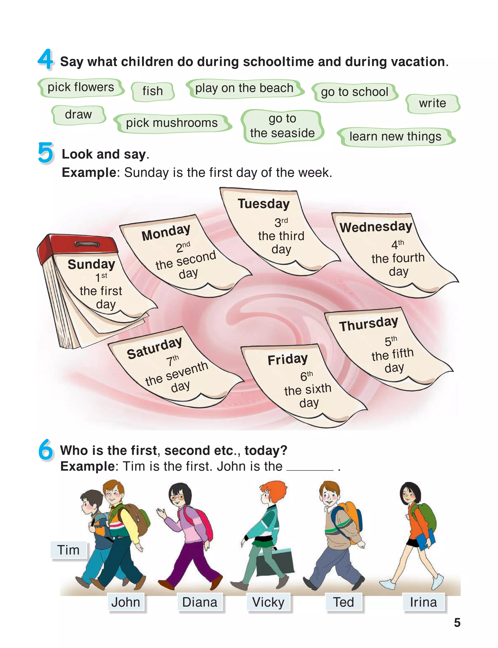 5
Wednesday
Saturday
4 Say what children do during schooltime and during vacation.
Look and say.
Example: Sunday is the first day of the week.
6
5
Sunday
1st
the first
day
4th
the fourth
day
7th
the seventh
day
pick flowers go to school
pick mushrooms go to
the seaside learn new things
play on the beach
draw
write
fish
Who is the first, second etc., today?
Example: Tim is the first. John is the .
Tim
John Diana Vicky Ted Irina
Monday
2nd
the second
day
Tuesday
3rd
the third
day
Friday
6th
the sixth
day
Thursday
5th
the fifth
day
 