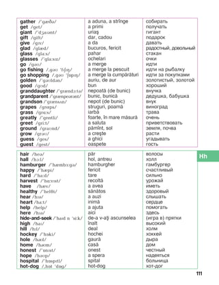 111
Hhhair /heá/
hall /hà:l/
hamburger /’hèmbå:gá/
happy /’hèpi/
hard /’ha:d/
harvest /’hë:vïst/
have /hIv/
healthy /’heléi/
hear /hPB/
heart /ha:t/
help /help/
here /hPB/
hide-and-seek /’haïd n ‘si:k/
high /haP/
hill /hPl/
hockey /’hîki/
hole /hRl/
home /hRm/
honest /’înïst/
hope /hBMp/
hospital /’hOspPtl/
hot-dog /,hît ‘dîg/
p=r
hol, antreu
hamburgher
fericit
tare
recolt=
a avea
s=n=tos
a auzi
inim=
a ajuta
aici
de-a v-ai ascunselea
]nalt
deal
hochei
gaur=
cas=
onest
a spera
spital
hot-dog
волосы
холл
гамбургер
счастливый
сильно
урожай
иметь
здоровый
слышать
сердце
помогать
здесь
(игра в) прятки
высокий
холм
хоккей
дыра
дом
честный
надеяться
больница
хот-дог
gather /’gèâá/
get /get/
giant /’dæaïánt/
gift /gift/
give /gïv/
glad /glId/
glass /gla:s/
glasses /’gla:sPz/
go /gáì/
go fishing /,gáì ‘fïäïç/
go shopping /,gáì ‘äîpïç/
golden /’gáìldán/
good /gìd/
granddaughter /’grèndA:tB/
grandparent /’grènpeáránt/
grandson /’grènsDn/
grapes /gríps/
grass /grë:s/
greatly /’grítli/
greet /gri:t/
ground /graìnd/
grow /grBì/
guess /ges/
guest /gest/
a aduna, a str]nge
a primi
uria[
dar, cadou
a da
bucuros, fericit
pahar
ochelari
a merge
a merge la pescuit
a merge la cump=r=turi
auriu, de aur
bun
nepoat= (de bunic)
bunic, bunic=
nepot (de bunic)
struguri, poam=
iarb=
foarte, ]n mare m=sur=
a saluta
p=m]nt, sol
a cre[te
a ghici
oaspete
собирать
получать
гигант
подарок
давать
радостный, довольный
стакан
очки
идти
идти на рыбалку
идти за покупками
золотистый, золотой
хороший
внучка
дедушка, бабушка
внук
виноград
трава
очень
приветствовать
земля, почва
расти
угадывать
гость
 
