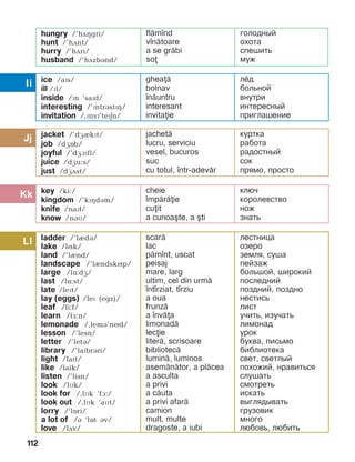 112
Ii
Jj
Kk
Ll
ice /aïs/
ill /ïl/
inside /ïn ‘saïd/
interesting /’ïntrBstPH/
invitation /,ïnvP’tePEn/
ghea=
bolnav
]n=untru
interesant
invitaie
лёд
больной
внутри
интересный
приглашение
jacket /’dæIkPt/
job /dæOb/
joyful /’dæAPfl/
juice /dæu:s/
just /dæDst/
jachet=
lucru, serviciu
vesel, bucuros
suc
cu totul, ]ntr-adev=r
куртка
работа
радостный
сок
прямо, просто
key /ki:/
kingdom /’kïçdám/
knife /naïf/
know /náì/
cheie
]mp=r=ie
cuit
a cunoa[te, a [ti
ключ
королевство
нож
знать
ladder /’lèdB/
lake /lNk/
land /’lènd/
landscape /’lèndskíp/
large /lë:dæ/
last /lë:st/
late /lePt/
lay (eggs) /leP (egz)/
leaf /li:f/
learn /lF:n/
lemonade /,lemá’níd/
lesson /’lesn/
letter /’letá/
library /’laïbrári/
light /lait/
like /laik/
listen /’lisn/
look /lìk/
look for /,lìk ‘fà:/
look out /,lìk ‘aMt/
lorry /’lîri/
a lot of /á ‘lît áv/
love /lãv/
scar=
lac
p=m]nt, uscat
peisaj
mare, larg
ultim, cel din urm=
]nt]rziat, t]rziu
a oua
frunz=
a ]nv=a
limonad=
lecie
liter=, scrisoare
bibliotec=
lumin=, luminos
asem=n=tor, a pl=cea
a asculta
a privi
a c=uta
a privi afar=
camion
mult, multe
dragoste, a iubi
лестница
озеро
земля, суша
пейзаж
большой, широкий
последний
поздний, поздно
нестись
лист
учить, изучать
лимонад
урок
буква, письмо
библиотека
свет, светлый
похожий, нравиться
слушать
смотреть
искать
выглядывать
грузовик
много
любовь, любить
hungry /’hãçgri/
hunt /’hãnt/
hurry /’hãri/
husband /’hãzbBnd/
fl=m]nd
v]n=toare
a se gr=bi
so
голодный
охота
спешить
муж
 