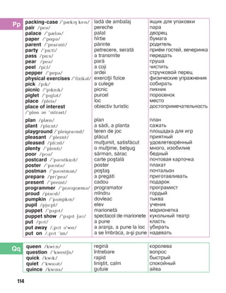 114
Pp
Qq
packing-case /’pIkPH kePs/
pair /peá/
palace /’pIlBs/
paper /’pípá/
parent /’pearánt/
party /’pë:ti/
pass /pë:s/
pear /peá/
peel /pi:l/
pepper /’pepB/
physical exercises /’fizikBl/
pick /pïk/
picnic /’pïknïk/
piglet /’pïglBt/
place /pleis/
place of interest
/’plís áv ‘ïntrást/
plan /plèn/
plant /plë:nt/
playground /’pleigraMnd/
pleasant /’pleznt/
pleased /pli:zd/
plenty /’plenti/
poor /pìB/
postcard /’páìstkë:d/
poster /’páìstB/
postman /’páìstmBn/
prepare /prï’peá/
present /’preznt/
programmer /’prBMgrImB/
proud /praMd/
pumpkin /’pãmpkPn/
pupil /pju:pl/
puppet /’pãpït/
puppet show /’pãpït äáì/
put /pìt/
put away /,pìt á’wí/
put on /,pìt ’On/
lad= de ambalaj
pereche
palat
h]rtie
p=rinte
petrecere, serat=
a transmite
par=
a coji
ardei
exerciii fizice
a culege
picnic
purcel
loc
obiectiv turistic
plan
a s=di, a planta
teren de joc
pl=cut
mulumit, satisf=cut
o mulime, bel[ug
s=rman, s=rac
carte po[tal=
poster
po[ta[
a preg=ti
cadou
programator
m]ndru
dovleac
elev
marionet=
spectacol de marionete
a pune
a aranja, a pune la loc
a se ]mbr=ca, a-[i pune
ящик для упаковки
пара
дворец
бумага
родитель
приём гостей, вечеринка
передать
груша
чистить
стручковой перец
физические упражнения
собирать
пикник
поросенок
место
достопримеча­тель­ность
план
сажать
площадка для игр
приятный
удовлетворённый
много, изобилие
бедный
почтовая карточка
плакат
почтальон
приготавливать
подарок
програмист
гордый
тыква
ученик
марионетка
кукольный театр
класть
убирать
надевать
queen /kwi:n/
question /’kwestän/
quick /kwPk/
quiet /’kwaïát/
quince /kwïns/
regin=
]ntrebare
rapid
lini[tit, calm
gutuie
королева
вопрос
быстрый
спокойный
айва
 