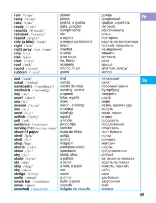 115
Rrrain /’rín/
rainy /’ríni/
rake /rík/
ready /’redi/
regards /ri’gL:dz/
reindeer /’ríndïá/
repeat /rï’pi:t/
ride (a bike) /raïd/
right /raït/
right away /raït B’weP/
ring /rïç/
rise /raïz/
river /’rïvá/
roof /ru:f/
round /raìnd/
rubbish /’rãbïä/
ploaie
ploios
grebl=, a grebla
gata, preg=tit
complimente
ren
a repeta
a merge pe biciclet=
drept
imediat
a suna
a se scula
r]u, fluviu
acoperi[
rotund, ]n jur
gunoi
дождь
дождливый
грабли, сгребать
готовый
комплименты
олень
повторять
ездить на велосипеде
правый, правильно
немедленно
звенеть
вставать
река
крыша
круглый, вокруг
мусор
Sssad /sèd/
salad /’sèlBd/
sandcastle /’sèndkë:sl/
sandwich /’sènwidæ/
say /sí/
scarf /skë:f/
sea /si:/
season /’si:zn/
see /si:/
seed /si:d/
selfish /’selfïä/
sell /sel/
sentence /’sentáns/
serving man /sF:vPH mIn/
sheet of paper
shelf /äelf/
shell /äel/
shop /äOp/
shorts /äA:ts/
show /äBM/
shy /äaï/
skate /skít/
ski /ski:/
skip /skïp/
sky /skaï/
sledge /sledæ/
smile /smaïl/
snack bar /’snèkba:/
snow /snáì/
snowball /’snáìbà:l/
trist
salat=
castel de nisip
sandvi[, tartin=
a spune
fular, e[arf=
mare
sezon, anotimp
a vedea
s=m]n=
egoist
a vinde
propoziie
servitor
foaie de h]rtie
poli=
scoic=
magazin
pantaloni scuri
spectacol
timid, sfios
a patina
a schia
a s=ri, a op=i
cer
sanie
a z]mbi
bufet expres
z=pad=
bulg=re de z=pad=
печальный
салат
песочный замок
бутерброд
говорить
шарф
море
сезон, время года
âидеть
семя, зерно
эгоист
продавать
предложение
служитель
лист бумаги
полка
ракушка
магазин
шорты
представление
робкий
кататься на коньках
ходить на лыжах
скакать, прыгать
небо
сани
улыбаться
закусочная
снег
снежок
 