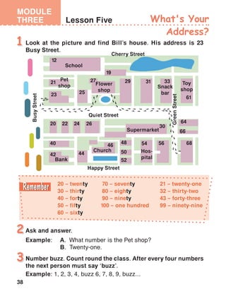 38
MODULE
THREE Lesson Five What's Your
Address?
Look at the picture and find Bill’s house. His address is 23
Busy Street.
1
Number buzz. Count round the class. After every four numbers
the next person must say ‘buzz’.
Example: 1, 2, 3, 4, buzz 6, 7, 8, 9, buzz...
3
Happy Street
Cherry Street
Quiet Street
BusyStreet
GreenStreet
School
12
21
23 25
27 29
Flower
shop
31
20 22 24 26
30
68
66
64
Supermarket
33
19
61
40
42 44
46
48
50
52
54 56
Pet
shop Snack
bar
Toy
shop
Bank
Church Hos-
pital
Ask and answer.
Example:	 A. What number is the Pet shop?
	 B. Twenty-one.
2
20 – twenty
30 – thirty
40 – forty
50 – fifty
60 – sixty
70 – seventy
80 – eighty
90 – ninety
100 – one hundred
21 – twenty-one
32 – thirty-two
43 – forty-three
99 – ninety-nine
 