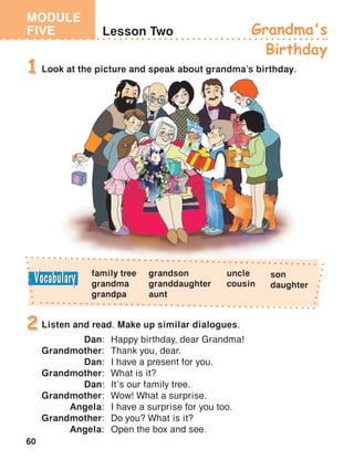 MODULE
FIVE
60
Lesson Two Grandma's
Birthday
Look at the picture and speak about grandma’s birthday.1
Listen and read. Make up similar dialogues.
Dan:	 Happy birthday, dear Grandma!
Grandmother:	 Thank you, dear.
Dan:	 I have a present for you.
Grandmother:	 What is it?
Dan:	 It’s our family tree.
Grandmother:	 Wow! What a surprise.
Angela:	 I have a surprise for you too.
Grandmother:	 Do you? What is it?
Angela:	 Open the box and see.
2
family tree
grandma
grandpa
grandson
granddaughter
aunt
uncle
cousin
son
daughter
 