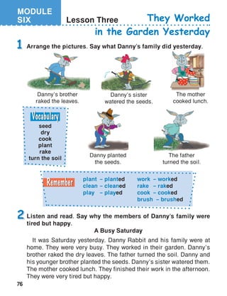 MODULE
SIX
76
Lesson Three They Worked
in the Garden Yesterday
Arrange the pictures. Say what Danny’s family did yesterday.1
Listen and read. Say why the members of Danny’s family were
tired but happy.
A Busy Saturday
It was Saturday yesterday. Danny Rabbit and his family were at
home. They were very busy. They worked in their garden. Danny’s
brother raked the dry leaves. The father turned the soil. Danny and
his younger brother planted the seeds. Danny’s sister watered them.
The mother cooked lunch. They finished their work in the afternoon.
They were very tired but happy.
2
plant	 – planted
clean	– cleaned
play	 – played
work	 – worked
rake	 – raked
cook	 – cooked
brush – brushed
Danny’s brother
raked the leaves.
Danny’s sister
watered the seeds.
The mother
cooked lunch.
Danny planted
the seeds.
The father
turned the soil.
seed
dry
cook
plant
rake
turn the soil
 