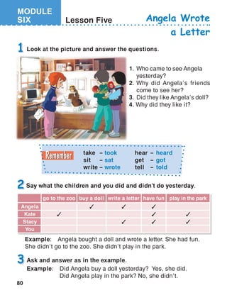 MODULE
SIX
80
Lesson Five Angela Wrote
a Letter
Look at the picture and answer the questions.1
Ask and answer as in the example.
Example:	 Did Angela buy a doll yesterday? Yes, she did.
	 Did Angela play in the park? No, she didn’t.
2
3
1.	 Who came to see Angela 	
	yesterday?
2.	Why did Angela’s friends
	 come to see her?
3.	 Did they like Angela’s doll?	
4. Why did they like it?
Say what the children and you did and didn’t do yesterday.
Example:	 Angela bought a doll and wrote a letter. She had fun. 		
She didn’t go to the zoo. She didn’t play in the park.
take	– took
sit	– sat
write	– wrote
hear	–  heard
get	 –  got
tell	 –  told
go to the zoo buy a doll write a letter have fun play in the park
Angela 3 3 3
Kate 3 3 3
Stacy 3 3 3
You
 