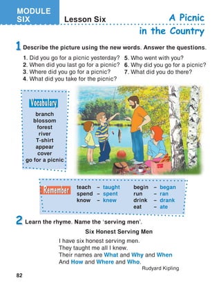 MODULE
SIX
82
Lesson Six A Picnic
in the Country
Describe the picture using the new words. Answer the questions.
1. Did you go for a picnic yesterday?
2. When did you last go for a picnic?
3. Where did you go for a picnic?
4. What did you take for the picnic?
1
Learn the rhyme. Name the ‘serving men’.2
5. Who went with you?
6. Why did you go for a picnic?
7. What did you do there?
teach	 – taught
spend	 – spent
know	 – knew
begin	 – began
run	 – ran
drink	 – drank
eat	 – ate
Six Honest Serving Men
I have six honest serving men.
They taught me all I knew.
Their names are What and Why and When
And How and Where and Who.
Rudyard Kipling
branch
blossom
forest
river
T-shirt
appear
cover
go for a picnic
 