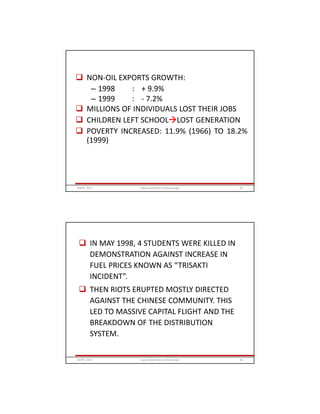  NON-OIL EXPORTS GROWTH:
– 1998 : + 9.9%
– 1999 : - 7.2%
 MILLIONS OF INDIVIDUALS LOST THEIR JOBS
 CHILDREN LEFT SCHOOLLOST GENERATION
 POVERTY INCREASED: 11.9% (1966) TO 18.2%
(1999)
GRIPS_2017 45www.slideshare.net/Ginandjar
 IN MAY 1998, 4 STUDENTS WERE KILLED IN
DEMONSTRATION AGAINST INCREASE IN
FUEL PRICES KNOWN AS “TRISAKTI
INCIDENT”.
 THEN RIOTS ERUPTED MOSTLY DIRECTED
AGAINST THE CHINESE COMMUNITY. THIS
LED TO MASSIVE CAPITAL FLIGHT AND THE
BREAKDOWN OF THE DISTRIBUTION
SYSTEM.
GRIPS_2017 46www.slideshare.net/Ginandjar
 