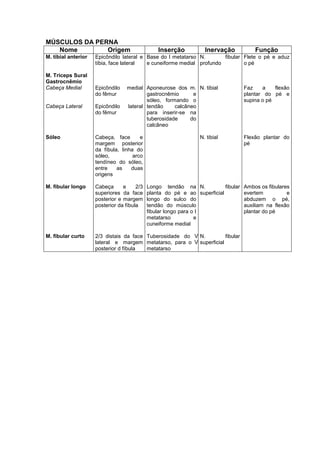 MÚSCULOS DA PERNA
Nome Origem Inserção Inervação Função
M. tibial anterior
M. Tríceps Sural
Gastrocnêmio
Cabeça Medial
Cabeça Lateral
Sóleo
M. fibular longo
M. fibular curto
Epicôndilo lateral e
tíbia, face lateral
Epicôndilo medial
do fêmur
Epicôndilo lateral
do fêmur
Cabeça, face e
margem posterior
da fíbula, linha do
sóleo, arco
tendíneo do sóleo,
entre as duas
origens
Cabeça e 2/3
superiores da face
posterior e margem
posterior da fíbula
2/3 distais da face
lateral e margem
posterior d fíbula
Base do I metatarso
e cuneiforme medial
Aponeurose dos m.
gastrocnêmio e
sóleo, formando o
tendão calcâneo
para inserir-se na
tuberosidade do
calcâneo
Longo tendão na
planta do pé e ao
longo do sulco do
tendão do músculo
fibular longo para o I
metatarso e
cuneiforme medial
Tuberosidade do V
metatarso, para o V
metatarso
N. fibular
profundo
N. tibial
N. tibial
N. fibular
superficial
N. fibular
superficial
Flete o pé e aduz
o pé
Faz a flexão
plantar do pé e
supina o pé
Flexão plantar do
pé
Ambos os fibulares
evertem e
abduzem o pé,
auxiliam na flexão
plantar do pé
 